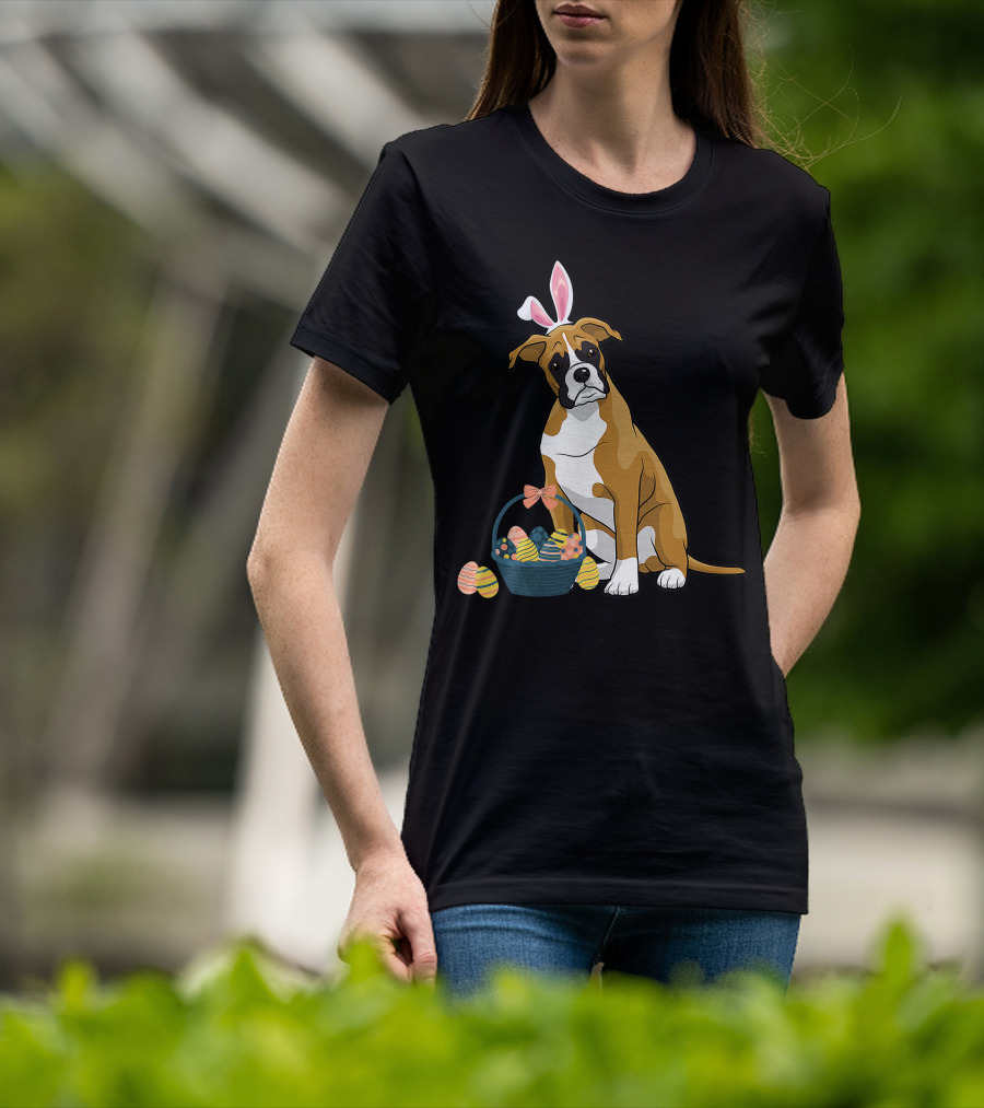 Bunny Ears Boxer Dog Cute Doge Rabbit With Easter Eggs Basket T-Shirt