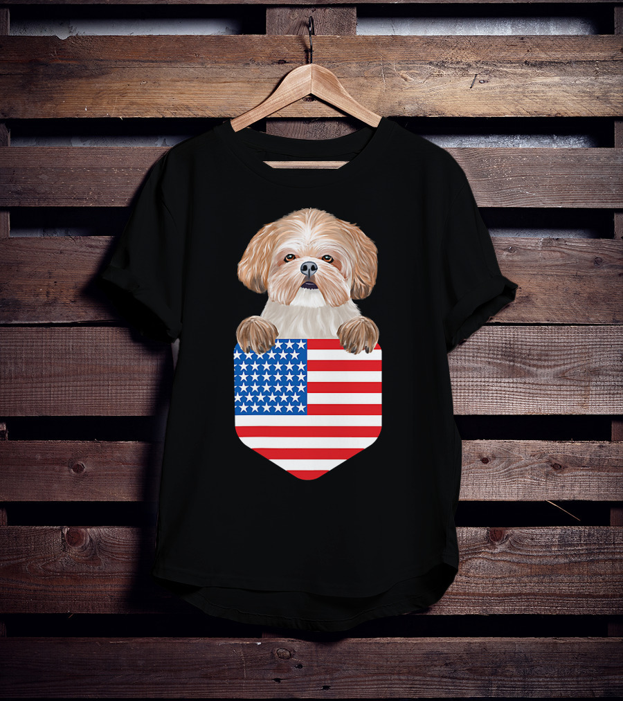 Shih Tzu Dog In American Flag Pocket T-Shirt