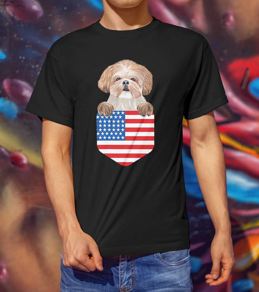 Shih Tzu Dog In American Flag Pocket T-Shirt