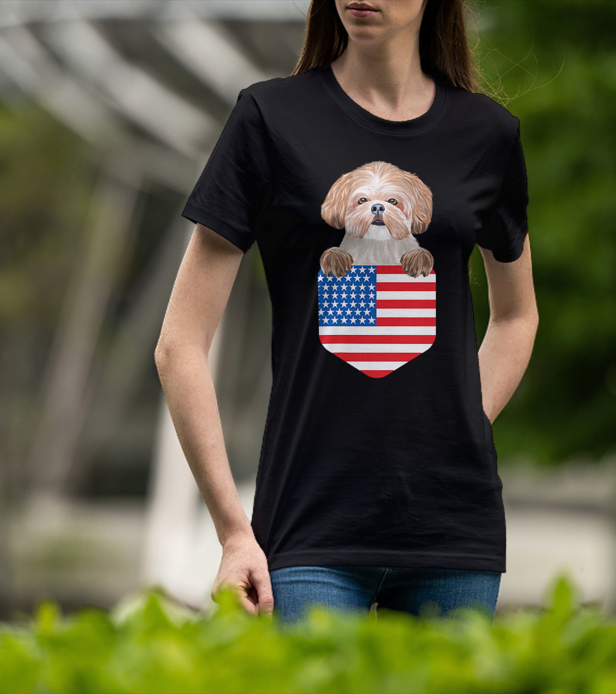 Shih Tzu Dog In American Flag Pocket T-Shirt