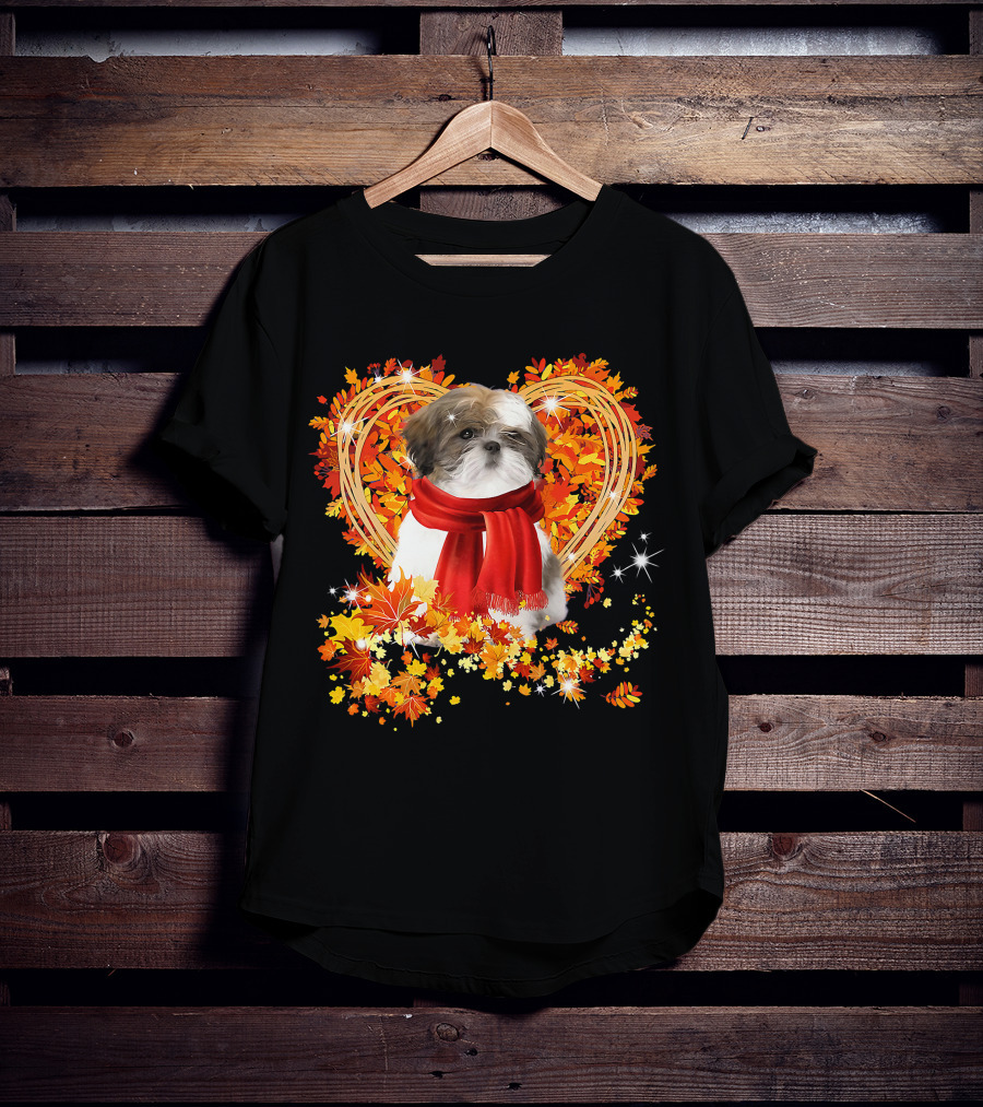 Baby Shih Tzu Love Autumn Fall Season With Heart Leaves T-Shirt