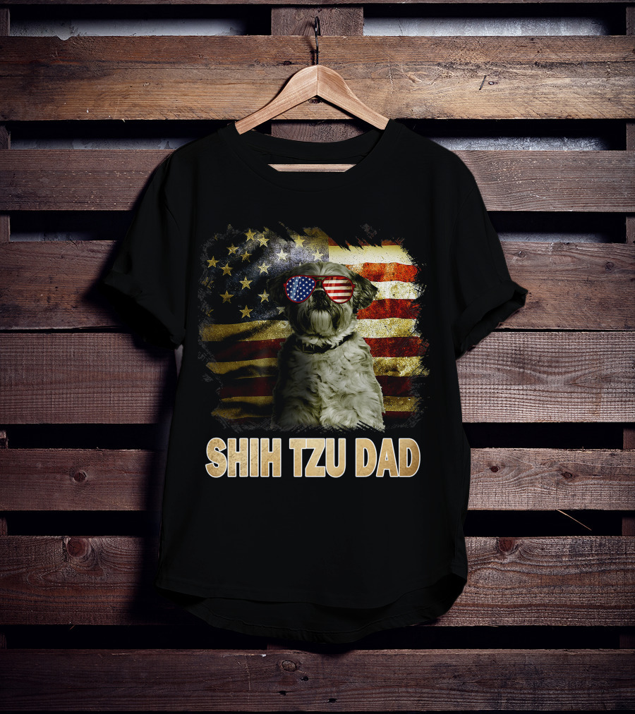Shih Tzu Dad American Flag Glasses Patriotic Dog Holiday T-Shirt