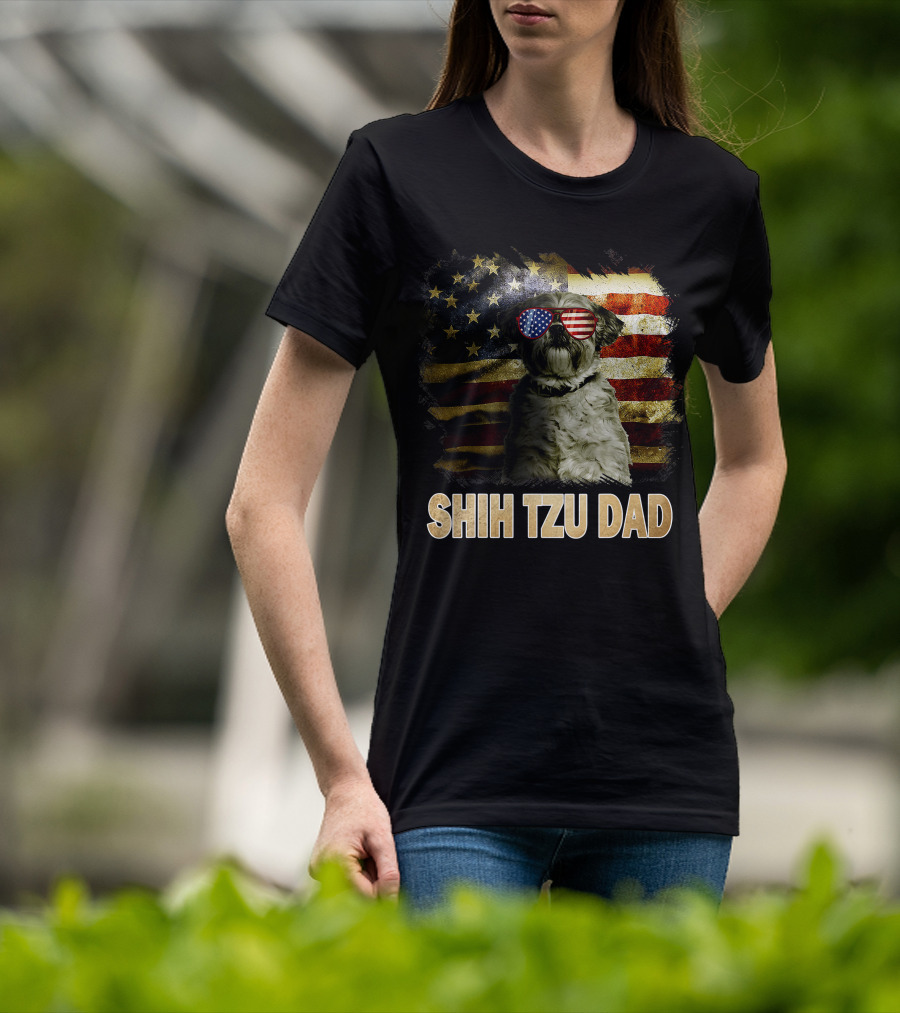 Shih Tzu Dad American Flag Glasses Patriotic Dog Holiday T-Shirt
