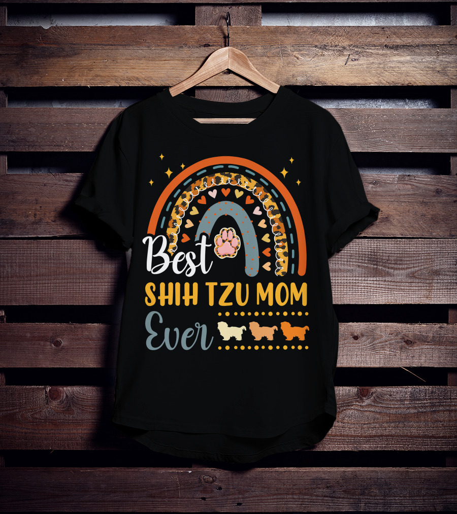 Shih Tzu Mom Ever Paw Print Rainbow Hearts T-Shirt