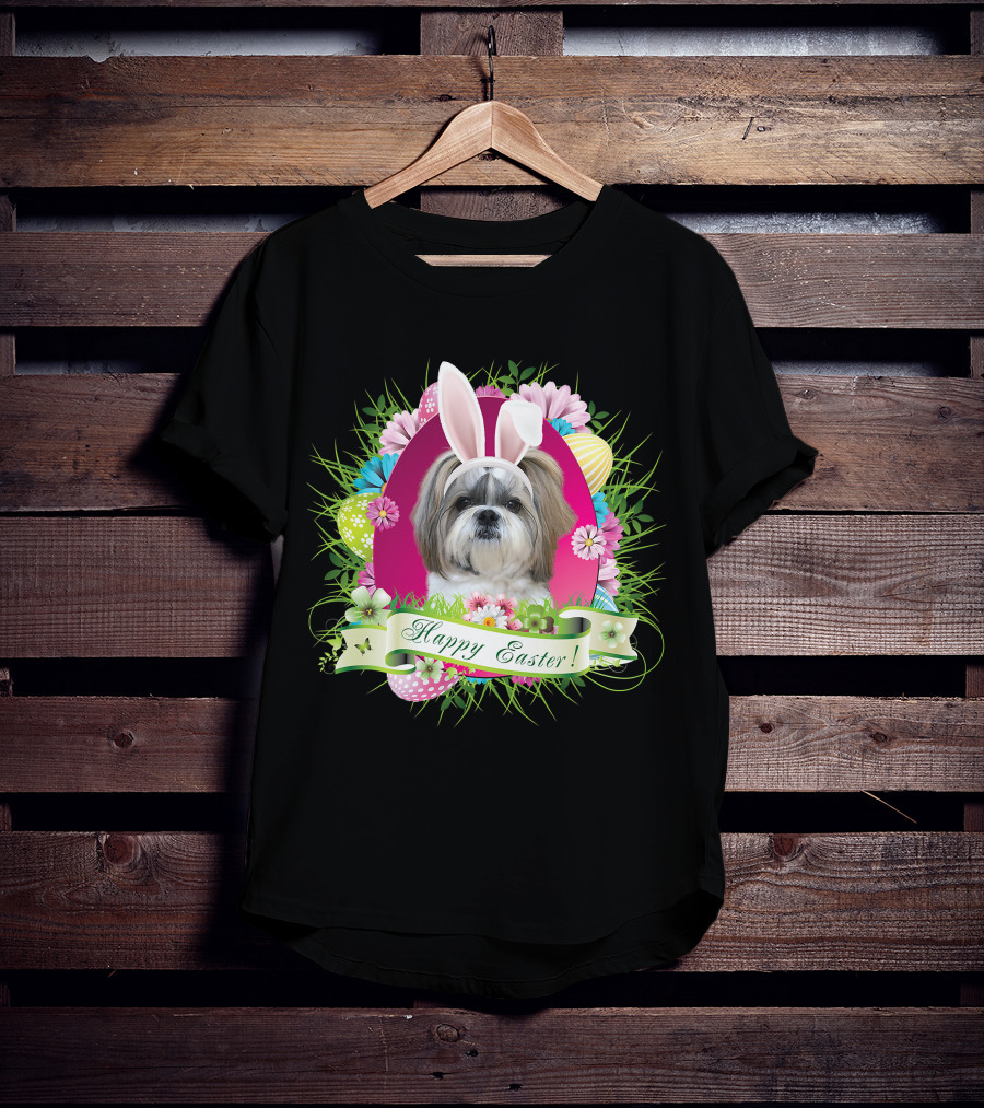 Happy Easter Bunny Shih Tzu Dog With Flowers And Eggs T-Shirt