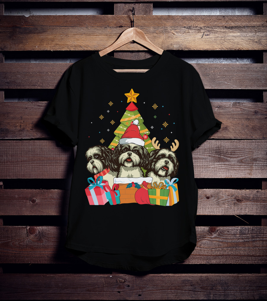 Christmas Shih Tzu Dogs With Santa Hat And Antlers By Xmas Tree T-Shirt