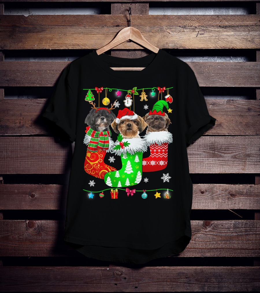 Christmas Shih Tzu Dogs In Festive Holiday Socks Pajama Lover T-Shirt
