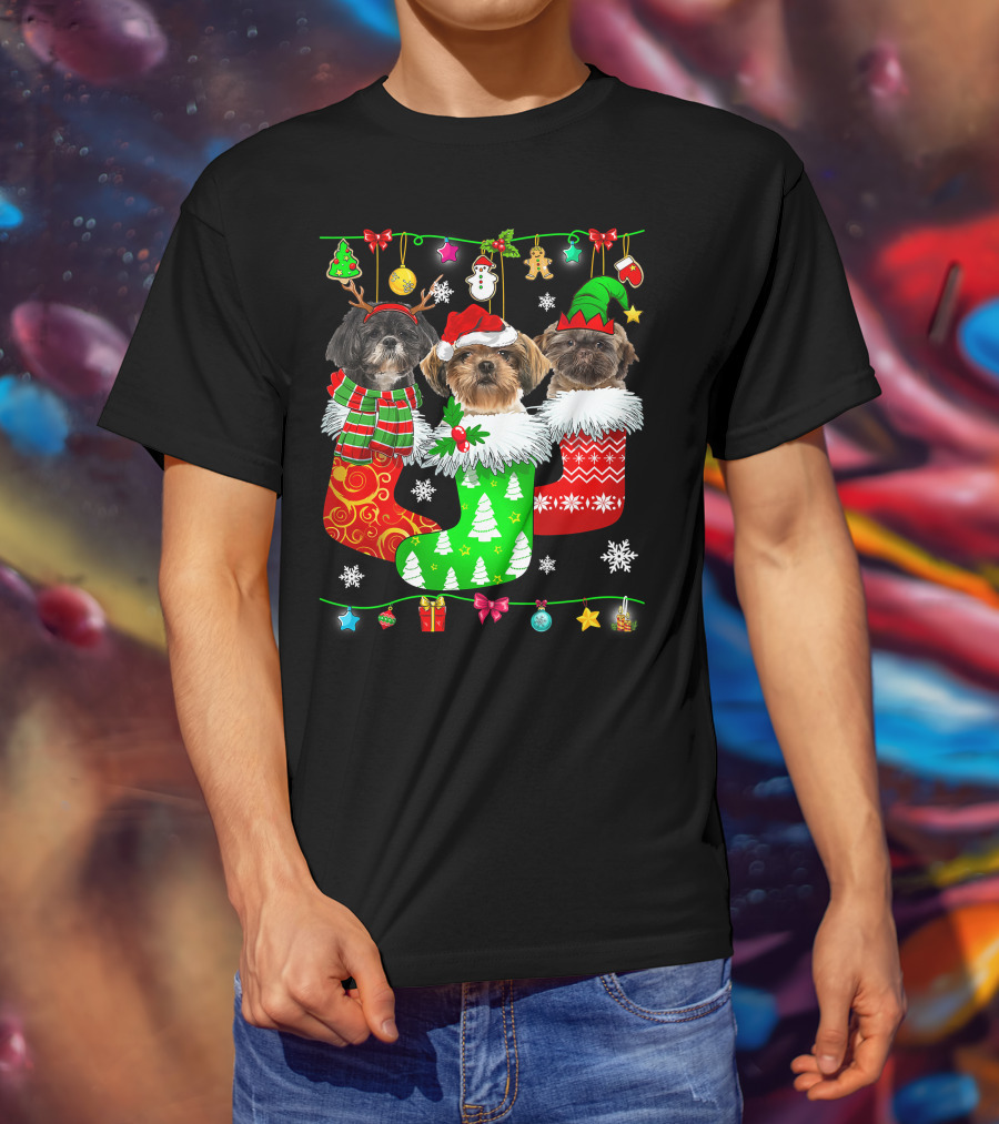 Christmas Shih Tzu Dogs In Festive Holiday Socks Pajama Lover T-Shirt