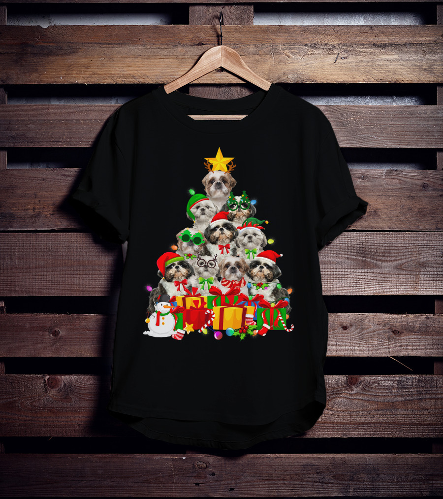 Christmas Tree Puppy Love Shih Tzu Dog Xmas Lights T-Shirt