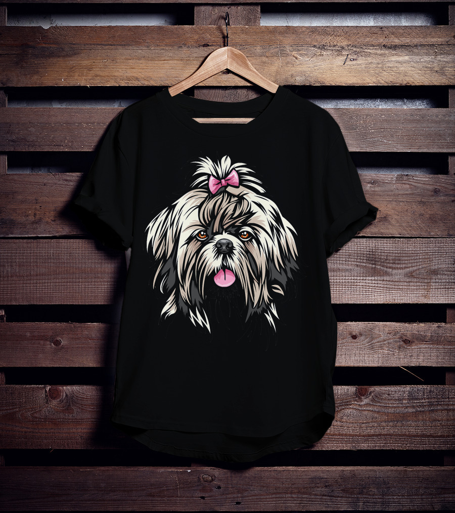 Cool Shih Tzu Face Pink Bow Cartoon T-Shirt
