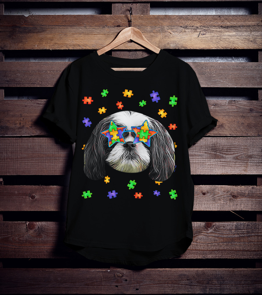 Autism Shih Tzu Dog Wearing Star Puzzle Piece Sunglasses With Colorful Pet Puzzle Surrounding T-Shirt