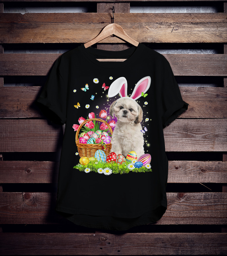 Shih Tzu Bunny Ears With Easter Eggs And Flower Basket T-Shirt