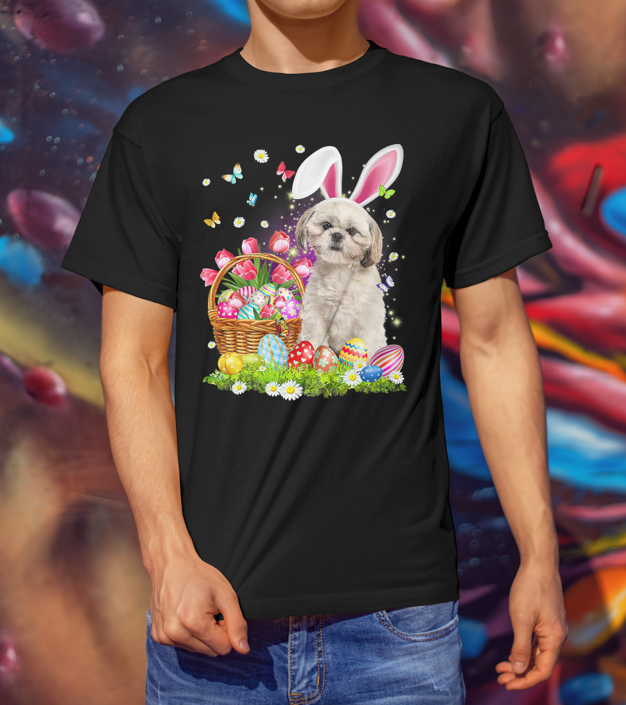 Shih Tzu Bunny Ears With Easter Eggs And Flower Basket T-Shirt