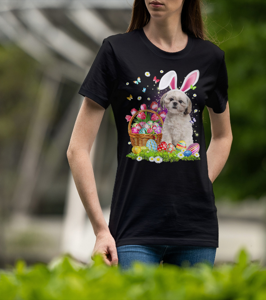 Shih Tzu Bunny Ears With Easter Eggs And Flower Basket T-Shirt