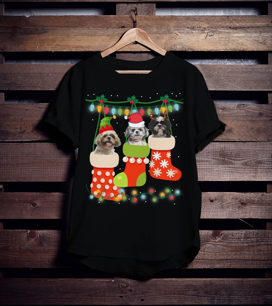 Cute Christmas Shih Tzu In Sock With Santa Hat Reindeer Antlers And Elf Hat T-Shirt