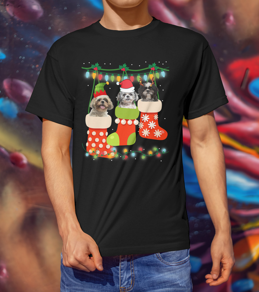 Cute Christmas Shih Tzu In Sock With Santa Hat Reindeer Antlers And Elf Hat T-Shirt