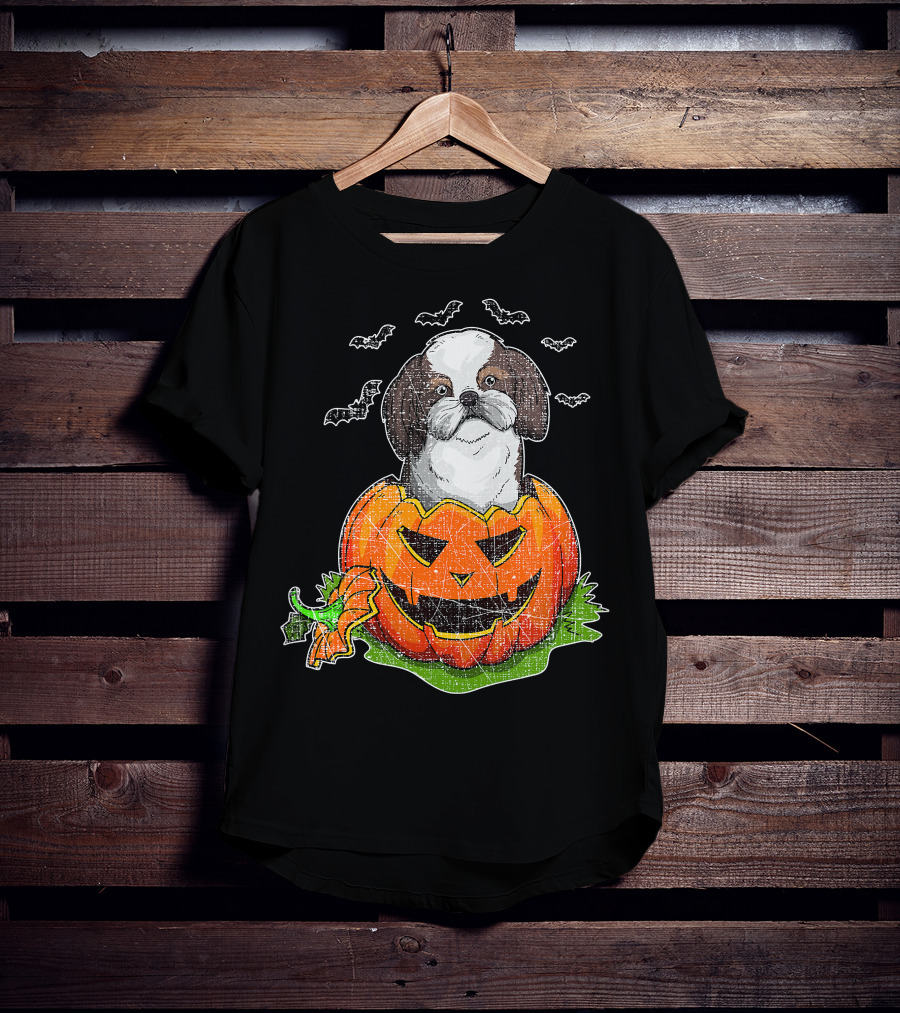 Cute Shih Tzu In Halloween Pumpkin With Bats T-Shirt