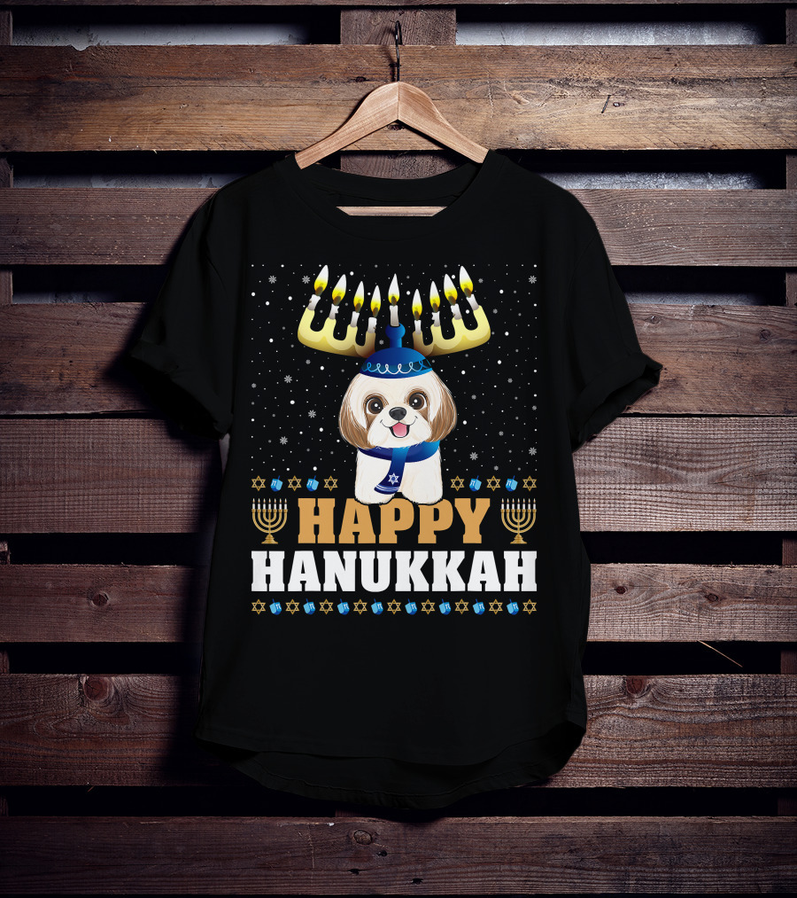 Cute Menorah Chanukah Funny Shih Tzu Happy Hanukkah T-Shirt