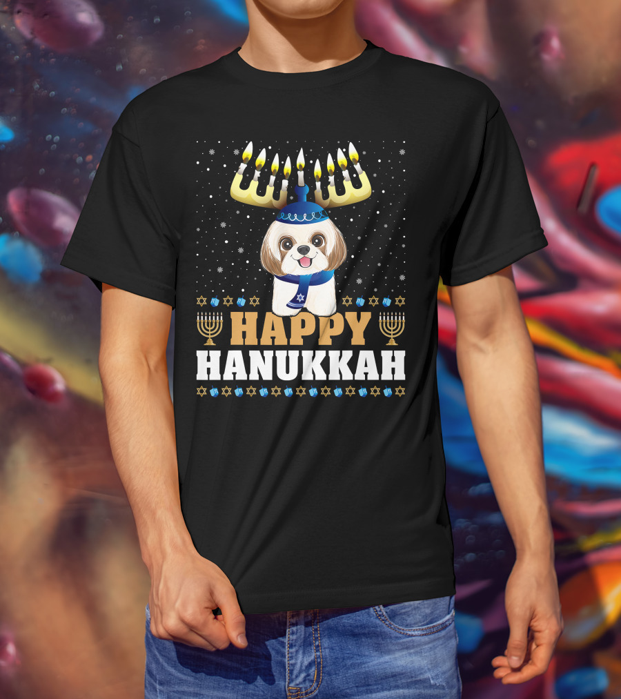 Cute Menorah Chanukah Funny Shih Tzu Happy Hanukkah T-Shirt