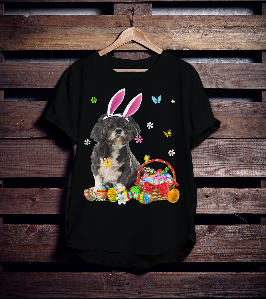 Shih Tzu Happy Easter Dog Lover Bunny Ears And Easter Egg Basket T-Shirt