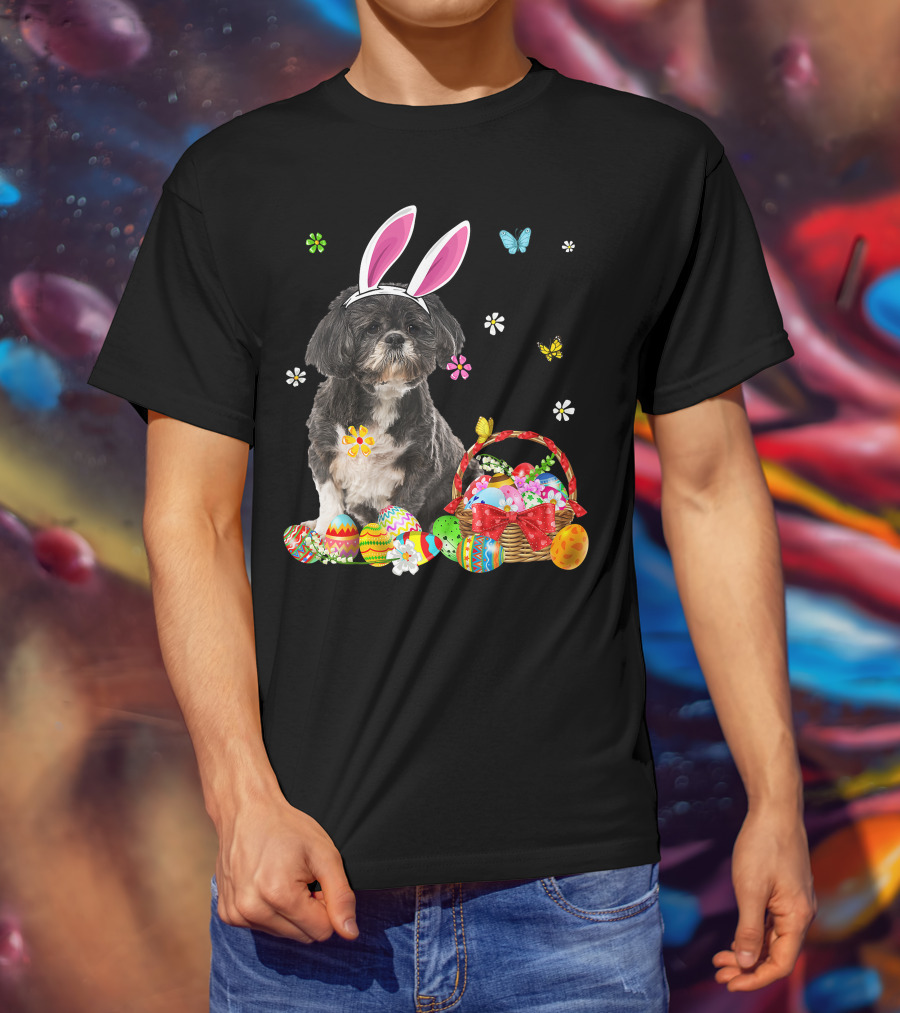 Shih Tzu Happy Easter Dog Lover Bunny Ears And Easter Egg Basket T-Shirt