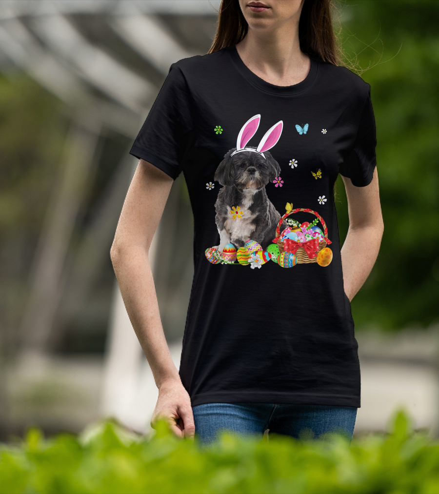 Shih Tzu Happy Easter Dog Lover Bunny Ears And Easter Egg Basket T-Shirt