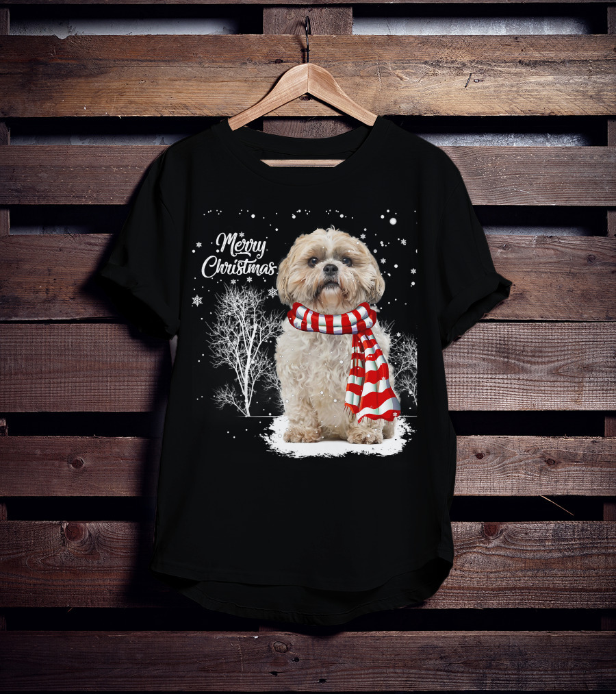 Shih Tzu Christmas Puppy Dog Lover Family Mat With Festive Scarf Snowflakes And Winter Trees T-Shirt