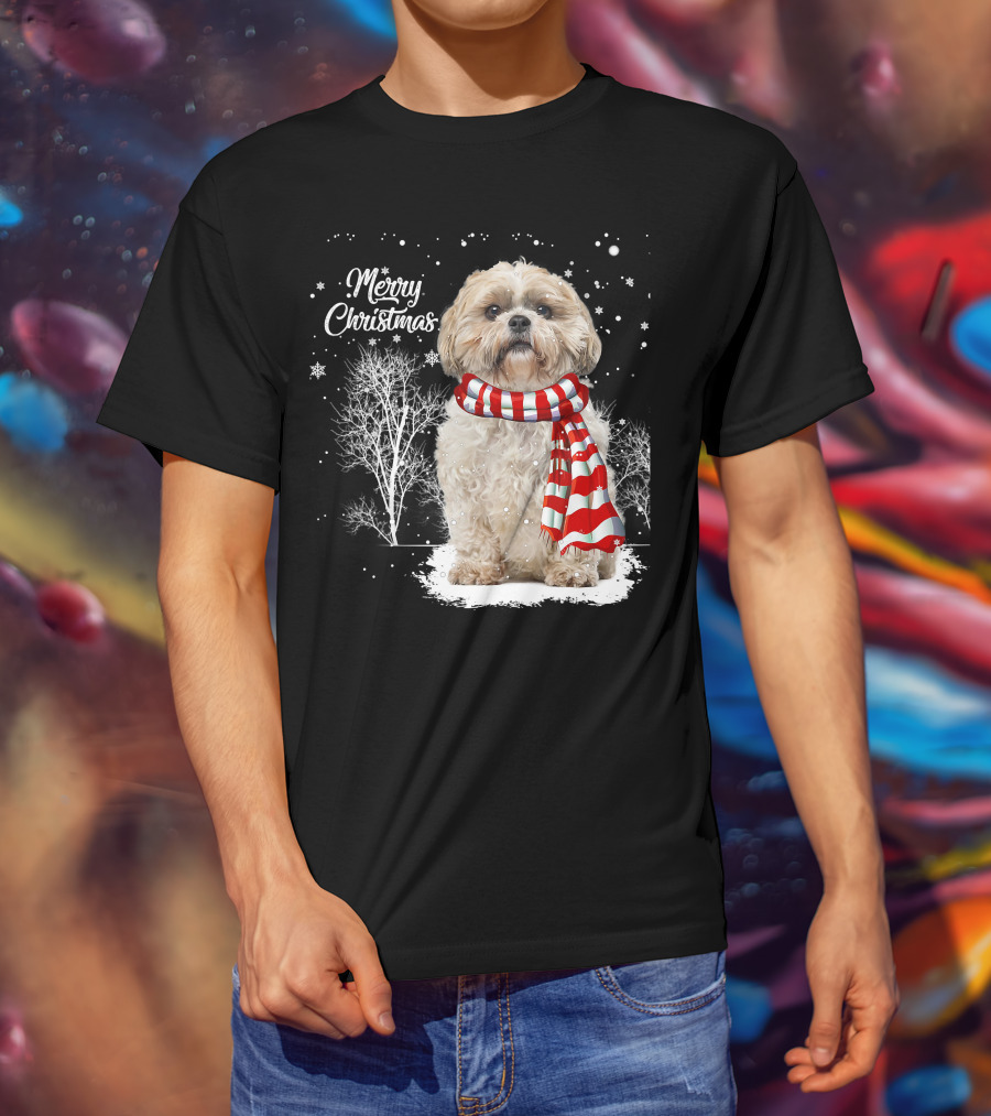 Shih Tzu Christmas Puppy Dog Lover Family Mat With Festive Scarf Snowflakes And Winter Trees T-Shirt