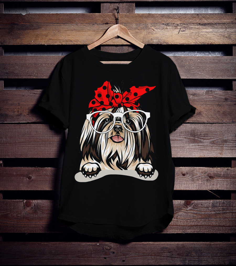 Shih Tzu Christmas Red Plaid Headband Glasses T-Shirt