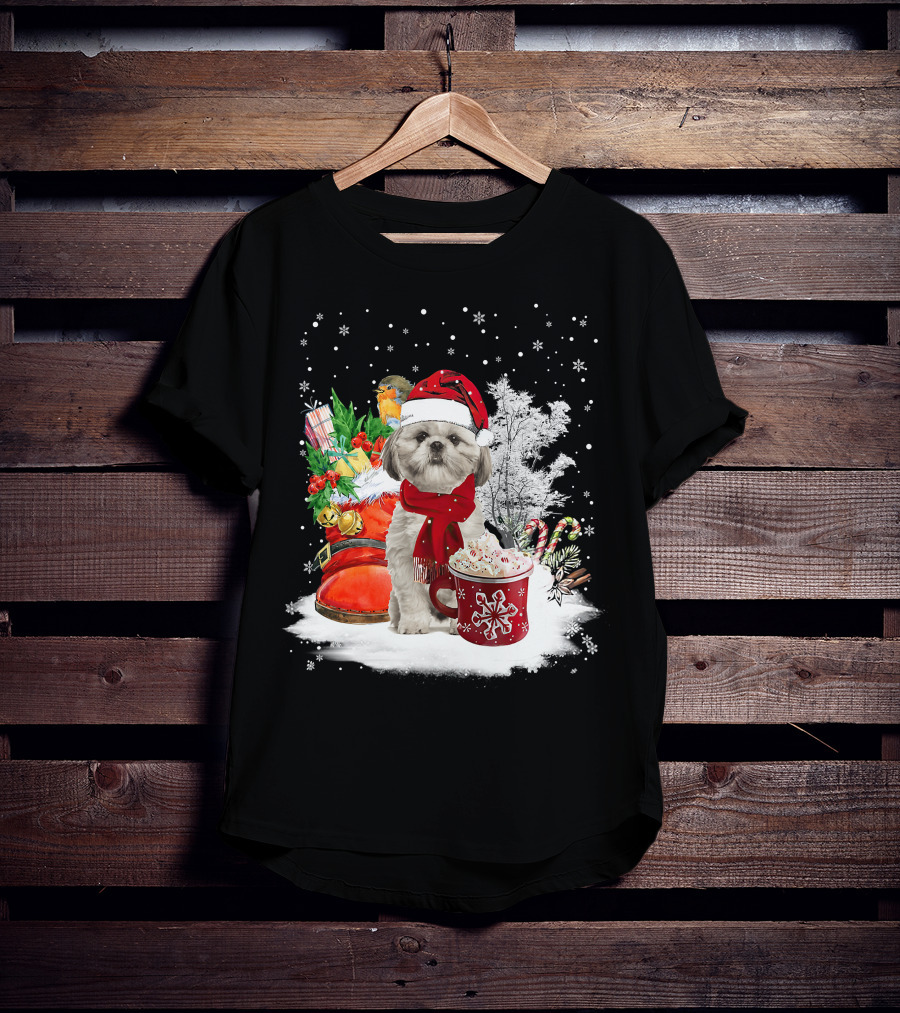 Shih Tzu Dog Santa Hat Hot Cocoa Christmas Scene T-Shirt