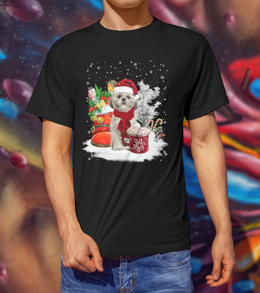 Shih Tzu Dog Santa Hat Hot Cocoa Christmas Scene T-Shirt