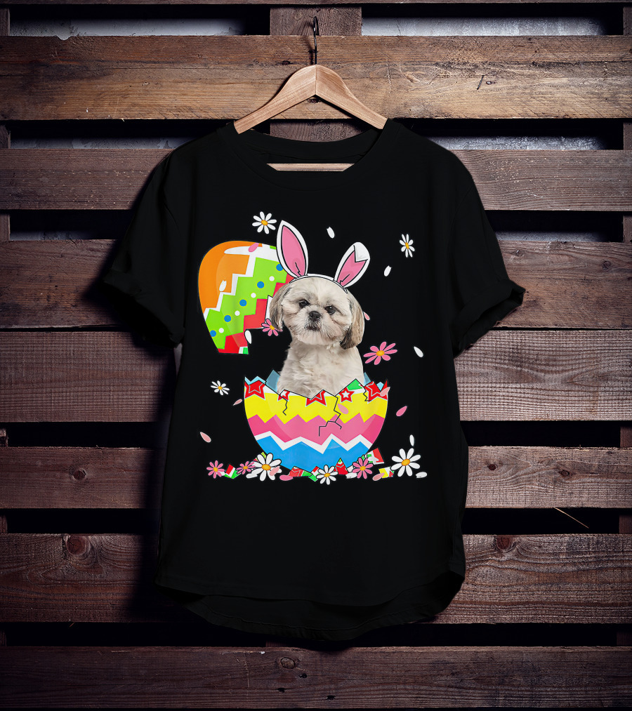 Shih Tzu Dog In Colorful Easter Egg With Bunny Ears And Flowers T-Shirt