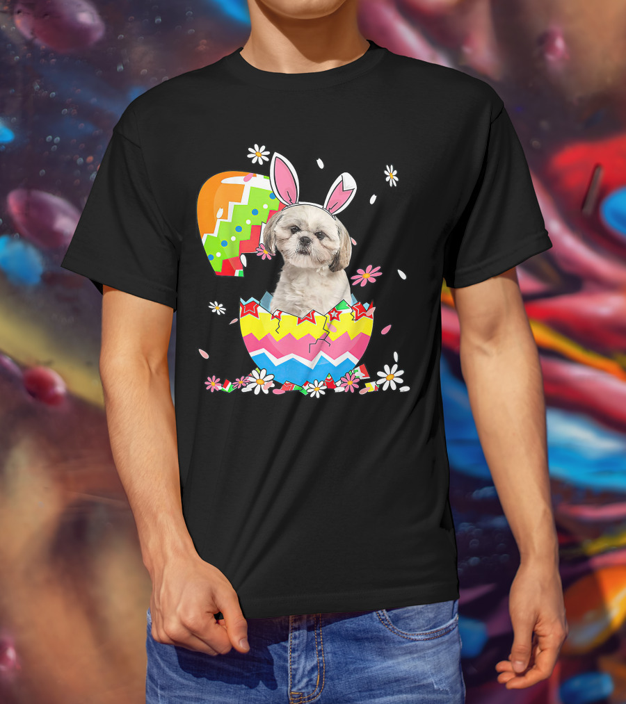 Shih Tzu Dog In Colorful Easter Egg With Bunny Ears And Flowers T-Shirt