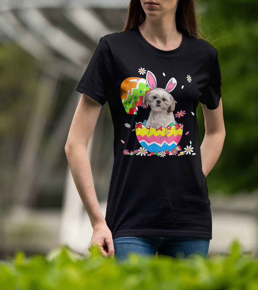 Shih Tzu Dog In Colorful Easter Egg With Bunny Ears And Flowers T-Shirt
