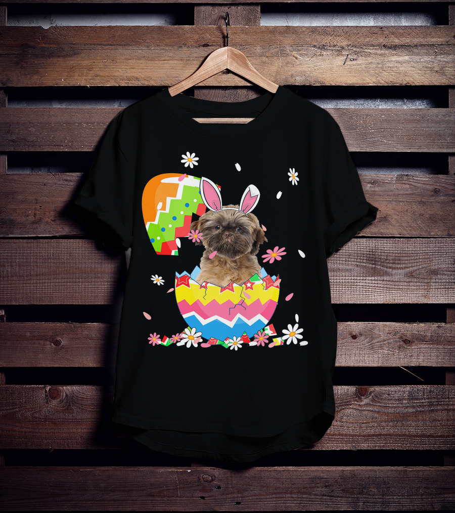 Cute Shih Tzu Easter Day Dog Dad Dog Mom With Bunny Ears And Colorful Egg T-Shirt