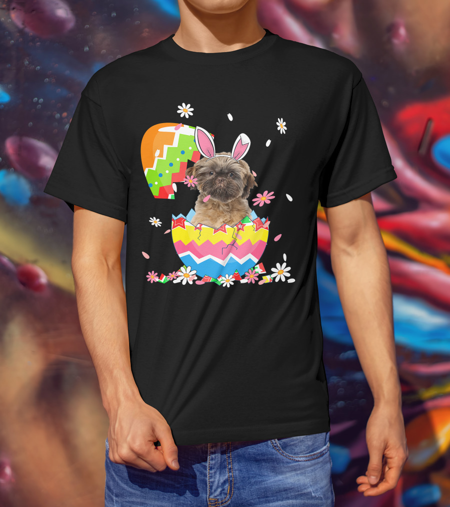 Cute Shih Tzu Easter Day Dog Dad Dog Mom With Bunny Ears And Colorful Egg T-Shirt