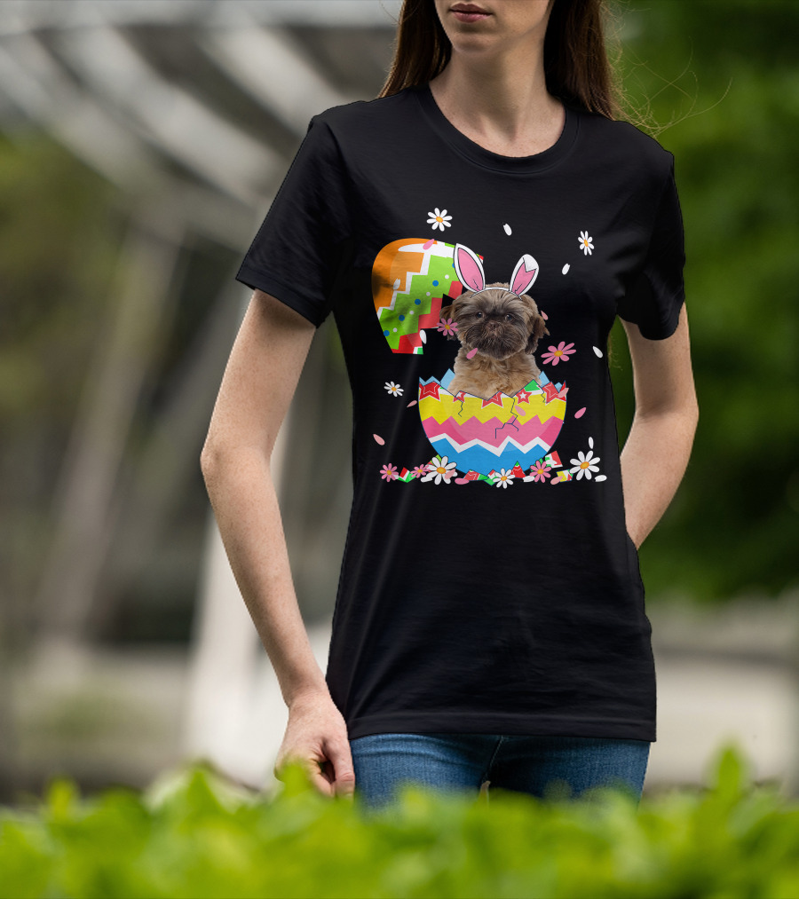 Cute Shih Tzu Easter Day Dog Dad Dog Mom With Bunny Ears And Colorful Egg T-Shirt