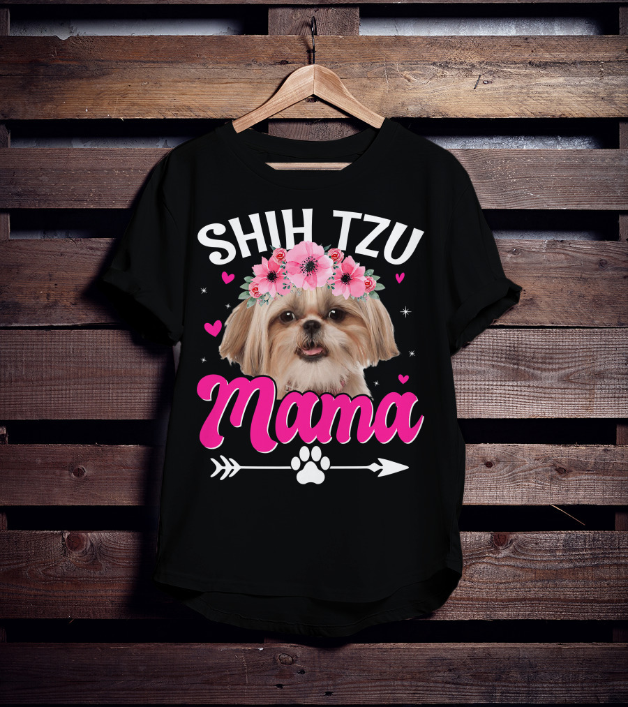 Shih Tzu Mama With Flower Crown Hearts T-Shirt