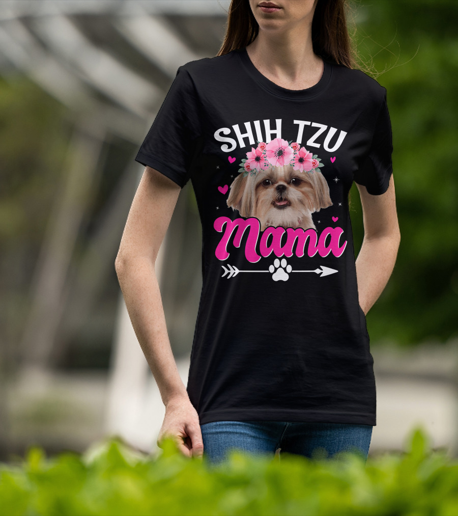 Shih Tzu Mama With Flower Crown Hearts T-Shirt