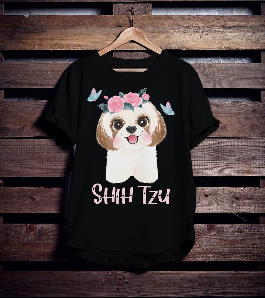 Cute Shih Tzu Mom Dad Mens Dog Lover Ladies Shih Tzu Roses Butterflies T-Shirt