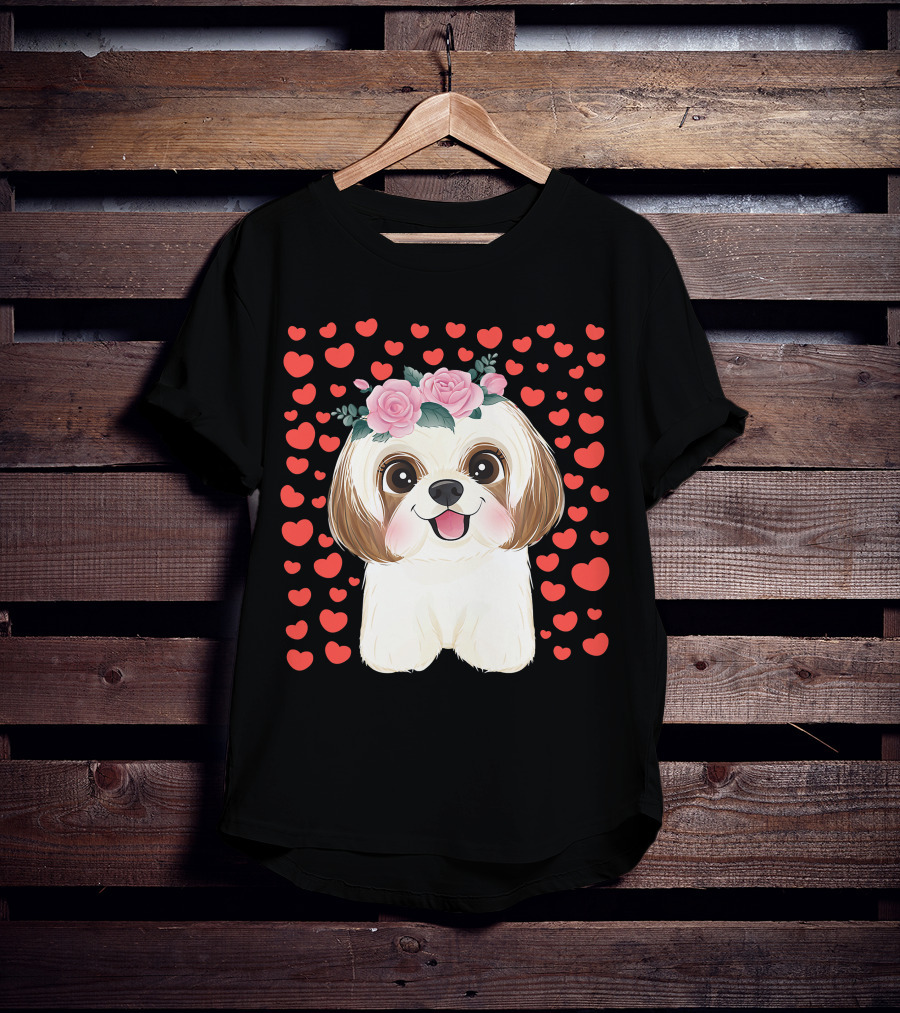 Cute Shih Tzu Valentine's Day Red Hearts Dog Flowers T-Shirt