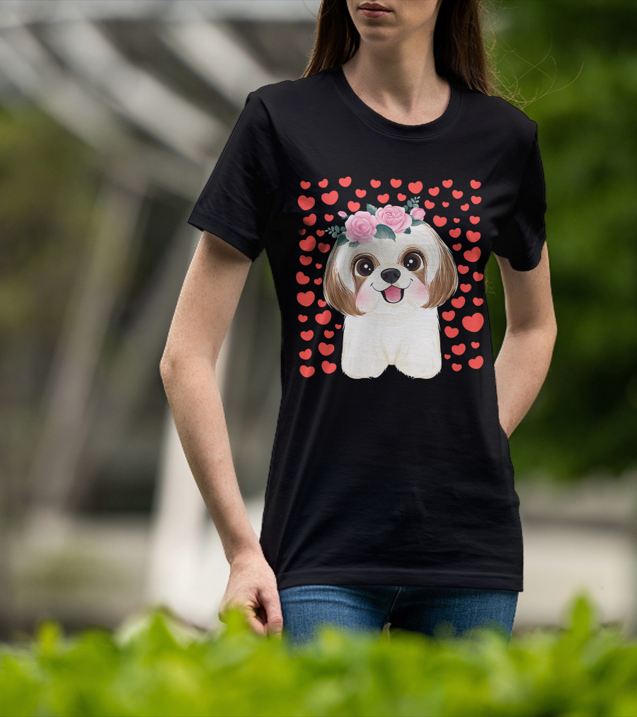 Cute Shih Tzu Valentine's Day Red Hearts Dog Flowers T-Shirt