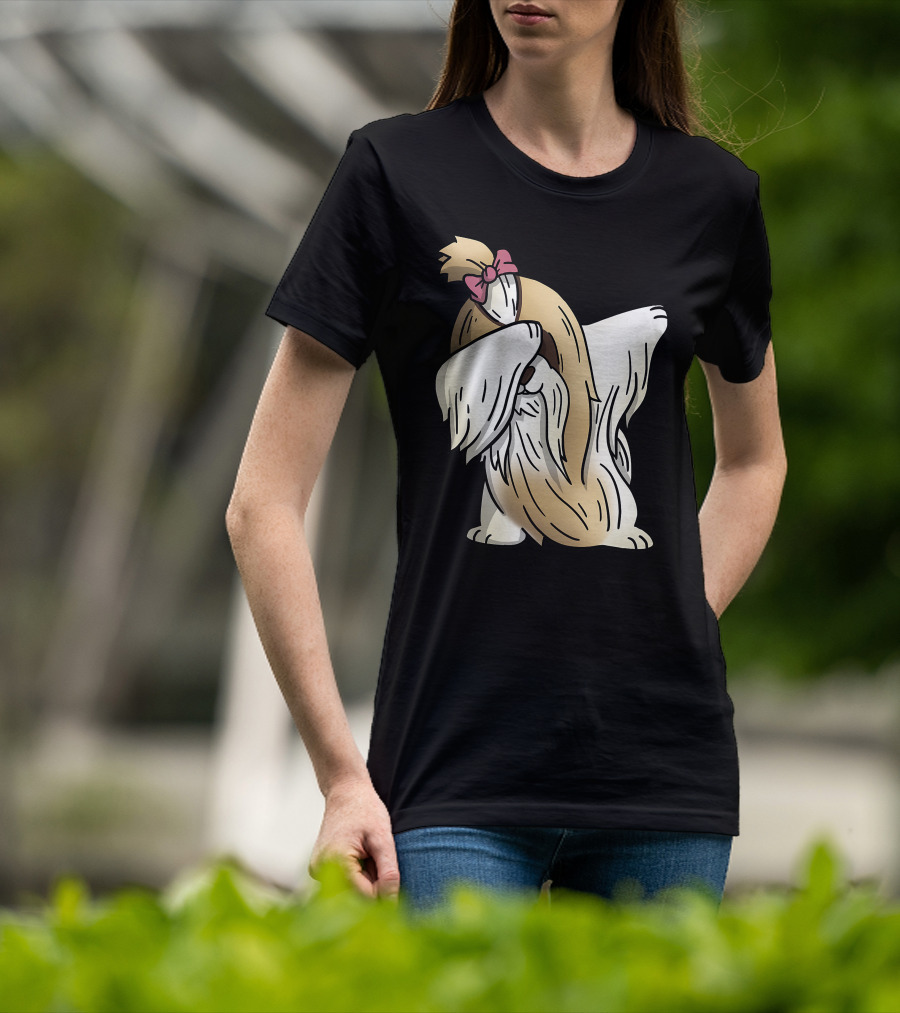 Dabbing Shih Tzu Dab Dance Long-Coated Dog With Bow T-Shirt