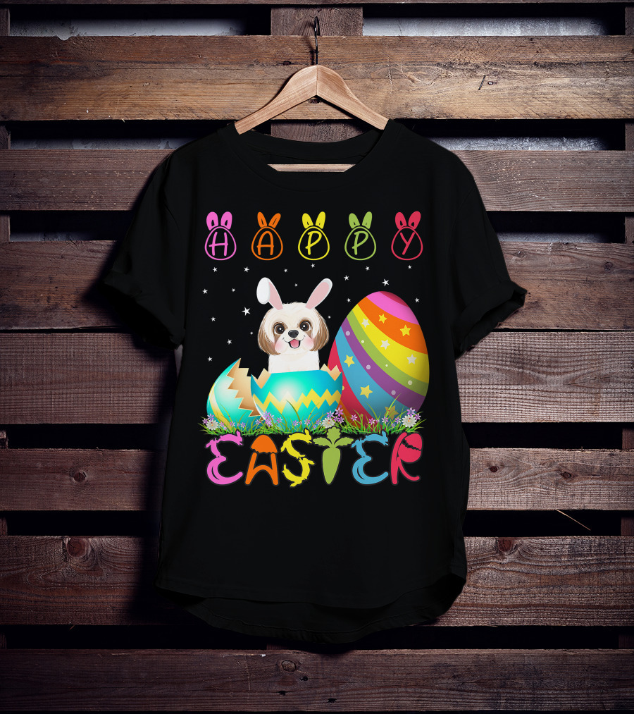 Happy Easter Day Shih Tzu Dog In Colorful Egg Matching T-Shirt