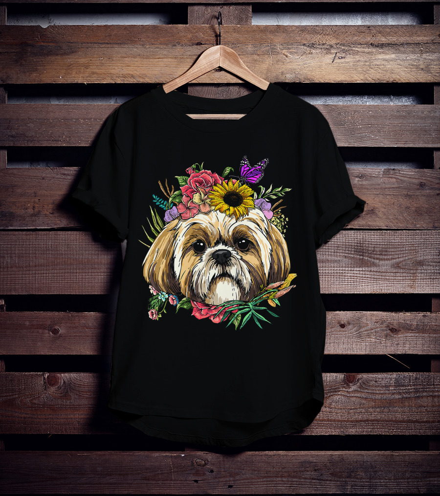 Floral Shih Tzu Dog With Butterfly And Spring Flowers For Nature And Shih Tzu Lovers T-Shirt