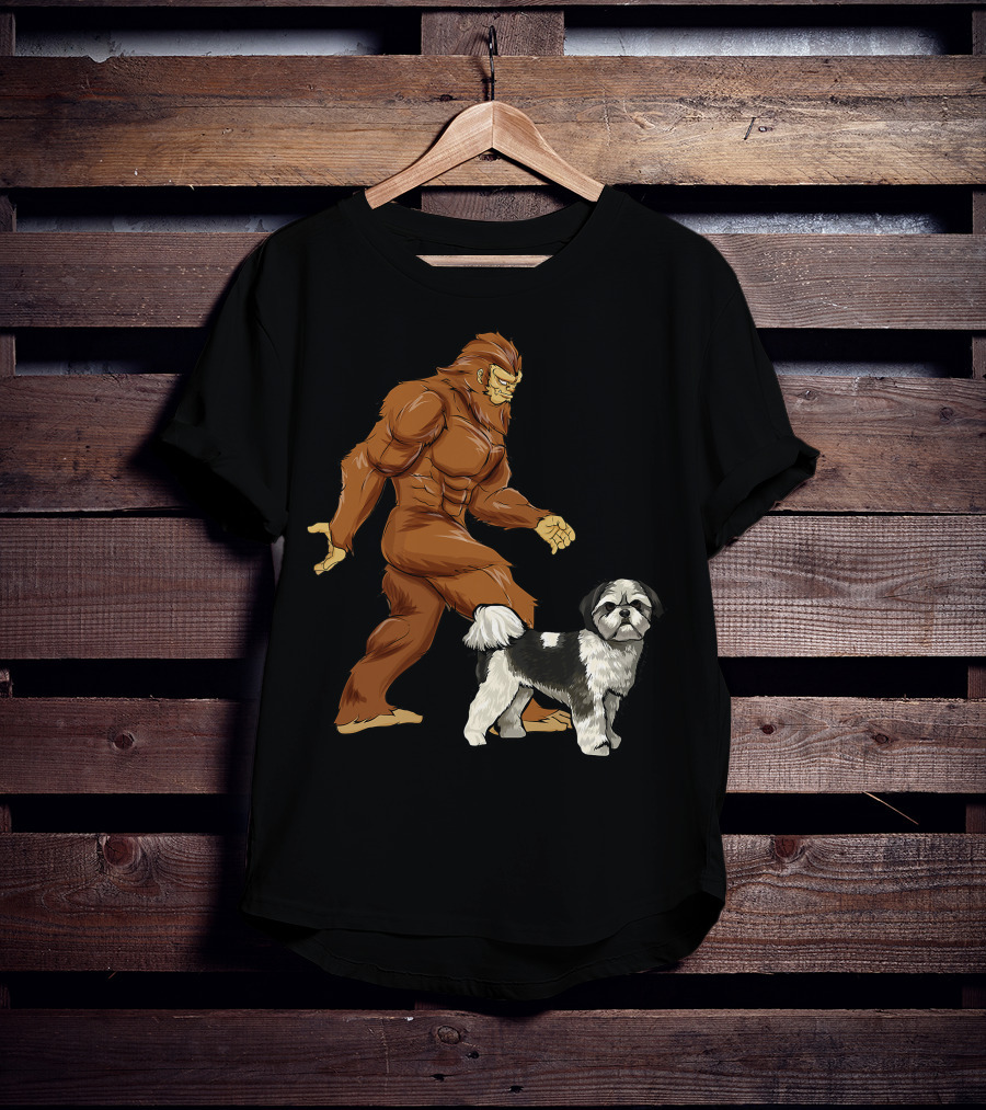 Funny Bigfoot Walking Shih Tzu Sasquatch Dog Comic T-Shirt