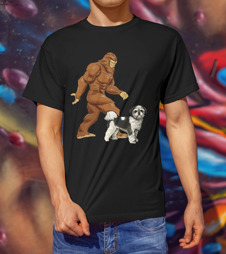 Funny Bigfoot Walking Shih Tzu Sasquatch Dog Comic T-Shirt