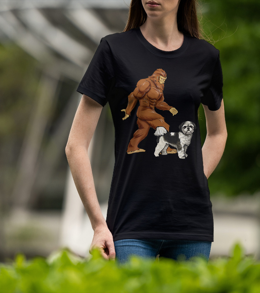 Funny Bigfoot Walking Shih Tzu Sasquatch Dog Comic T-Shirt