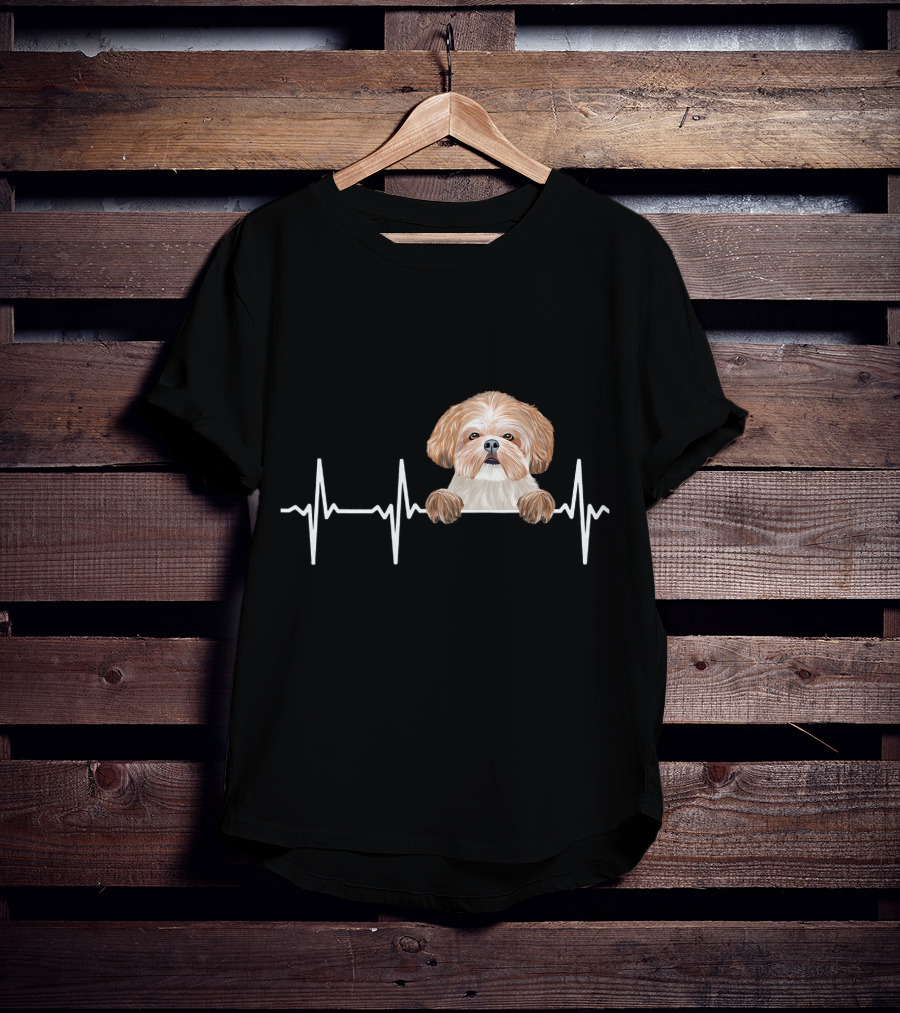 Heartbeat Line With Cute Shih Tzu Illustration For Funny Dog Lovers T-Shirt