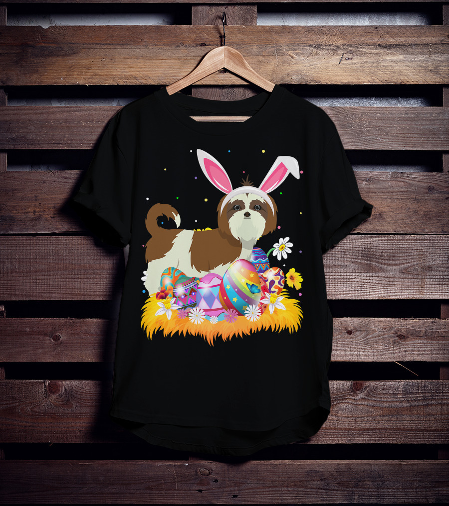 Shih Tzu Bunny Ears With Colorful Easter Eggs And Flowers For Easter Sunday T-Shirt